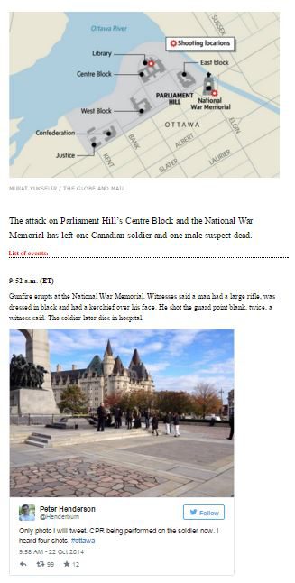 A screen grab of The Globe and Mail's coverage of the Ottawa shooting