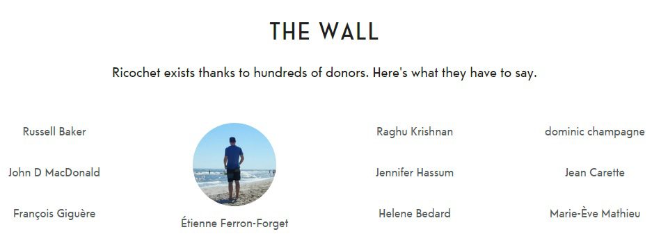 "The Wall" on the Ricochet website, where donors can leave their name and a message about their contribution. 