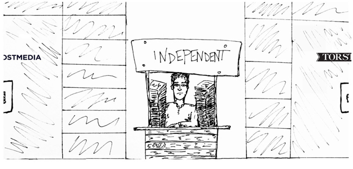 An illustration of man at a booth labelled "independent" between other booths that read "Torstar" and "Postmedia"