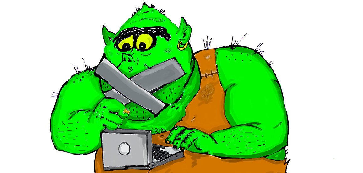 A green troll with tape over its mouth types at a computer.