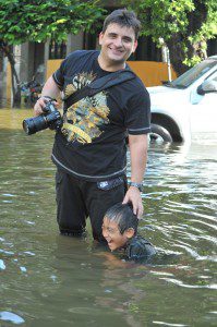 Freelance reporter Tibor Krausz during floods in Thailand last year. Photograph courtesy of Tibor Krausz